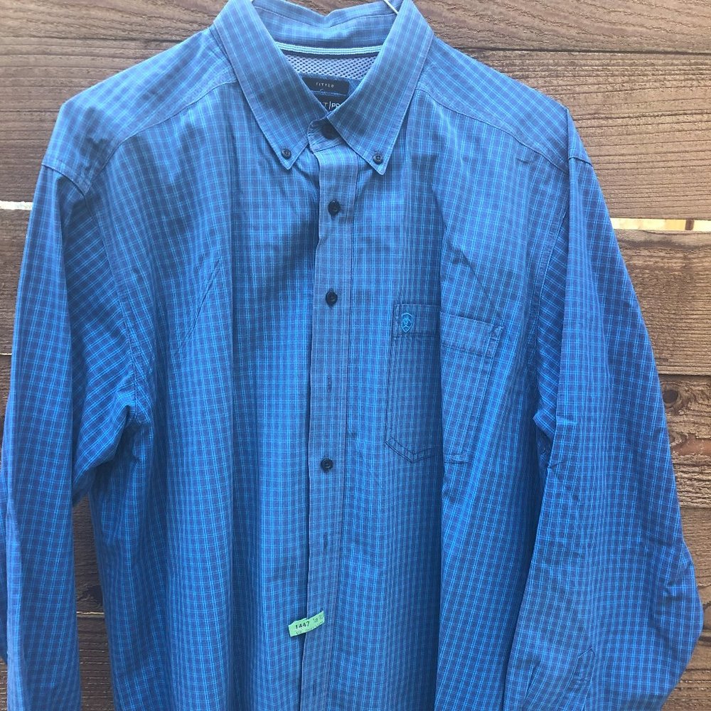Men's ARIAT PRO Series XXL Fitted Blue Check Long Sleeve Button Down Shirt
